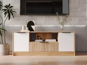 Тумба под ТВ  ТМ-001 Ивис (дуб крафт золотой/белый) в Черском - cherskij.mebel-nsk.ru | фото
